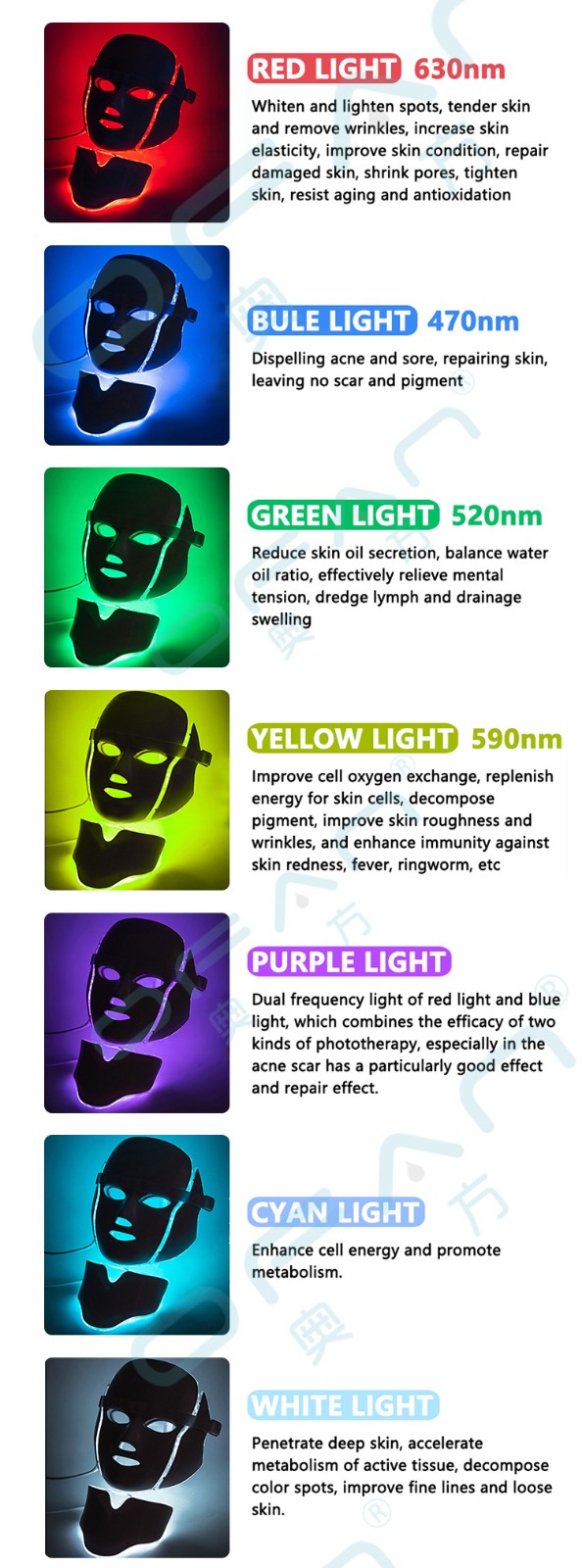 Masque facial anti-âge à usage domestique, 7 couleurs, LED PDT, élimination des rides, masque de beauté photonique