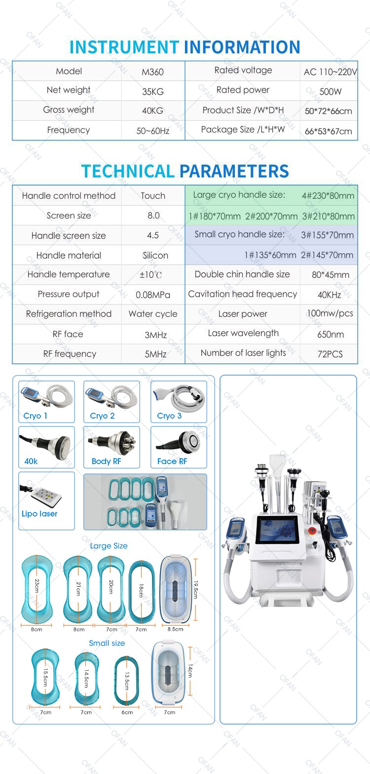 OFAN Criofrequency fat cavitation RF fatfreeze machine crylipolysis 360 maquina crioterapia cabezal criolipolisis